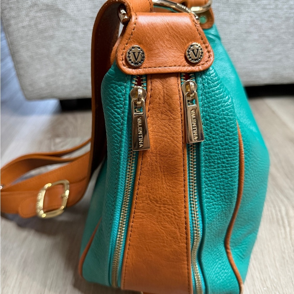 Valentina Teal and Brown Leather Shoulder Bag - Picture 10 of 16